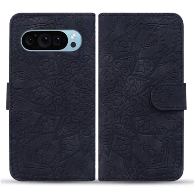 For Google Pixel 10 Pro / Pixel 10 / Pixel 9 Pro / Pixel 9 Case PU Leather Wallet Flip Phone Cover Flower Imprinted - Black