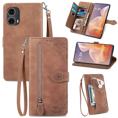For Motorola Moto G85 5G / S50 Neo 5G Case Zipper Wallet PU Leather Flower Imprint Phone Cover - Brown