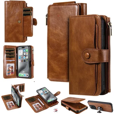 For iPhone 16 Pro Max Magnetic Case Detachable PU Leather Zipper Wallet Cover - Brown