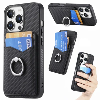 For iPhone 16 Pro Case Card Slots Ring Holder Kickstand Phone Cover - Black