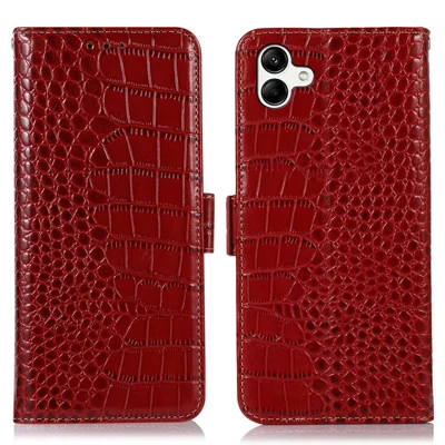 For Samsung Galaxy A04 4G (164.4 x 76.3 x 9.1 mm) Genuine Cowhide Leather Stand Wallet Cover Crocodile Texture Phone Case with RFID Blocking - Red