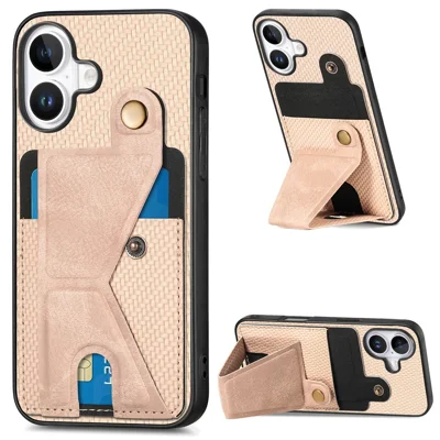 Til iPhone 16 Case K-formet støttefod Læder+PC+TPU telefonbeskytning - Amandel