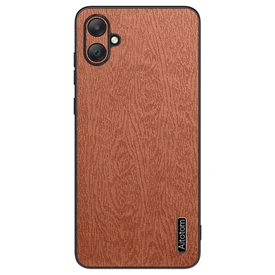 For Samsung Galaxy A06 4G Case Wood Texture PU Leather Coated PC+TPU Phone Cover - Brown