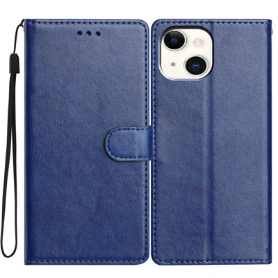 Leer telefoonhoesje met portemonnee- en standaardfunctie en handige riem voor iPhone 14 - Blauw