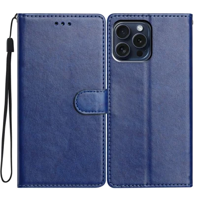 For iPhone 14 Pro Leather Phone Case Wallet Stand Cover with Handy Strap - Blue