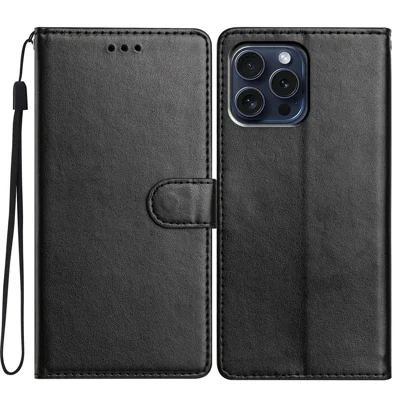 Leer telefoonhoesje met portemonnee- en standaardfunctie en handige riem voor iPhone 15 Pro Max - Zwart