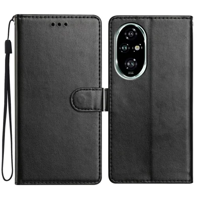 For Honor 200 Pro 5G Leather Phone Case Wallet Stand Cover with Handy Strap - Black