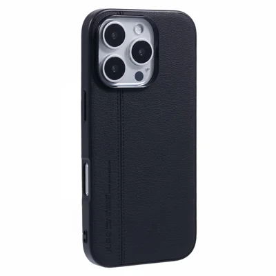 KIGC For iPhone 15 Pro Case Litchi Texture Leather Coated PC+TPU Phone Cover - Black