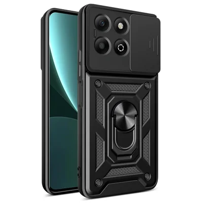For Honor X6b 4G Case with Slide Camera Lid PC+TPU Kickstand Phone Cover - Black