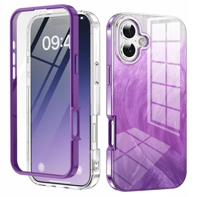 For iPhone 16 Plus Case Gradient Feather Pattern PC+TPU Phone Cover Built-In PET Screen Film - Purple