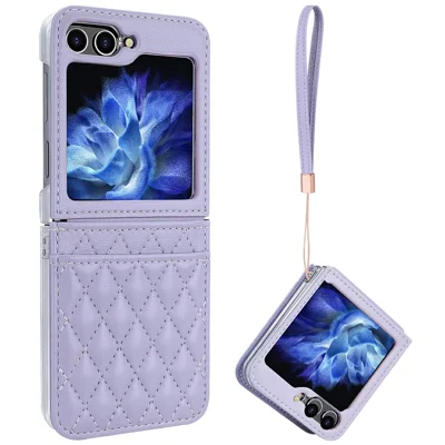 For Samsung Galaxy Z Flip7 FE 5G / Z Flip6 5G Case with Strap Card Slot PU+PC Phone Back Cover - Purple