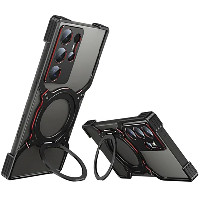 For Samsung Galaxy S23 Ultra Kickstand Case Metal Bumper Magnetic Phone Cover - Black / Red