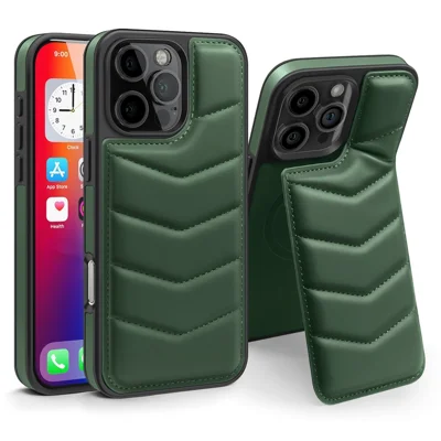 For iPhone 16 Pro Case Compatible with MagSafe RFID Blocking Card Slot Leather Back Cover - Green