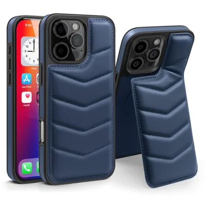 For iPhone 16 Pro Max Case Compatible with MagSafe RFID Blocking Card Slot Leather Back Cover - Blue