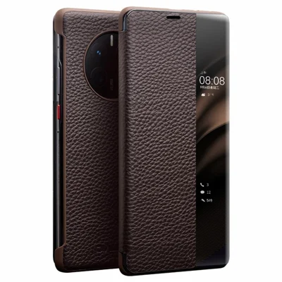 QIALINO For Huawei Mate 50 Pro 4G View Window Genuine Leather Folio Flip Phone Case Touch Slide Button Auto Wake / Sleep Cover - Dark Brown