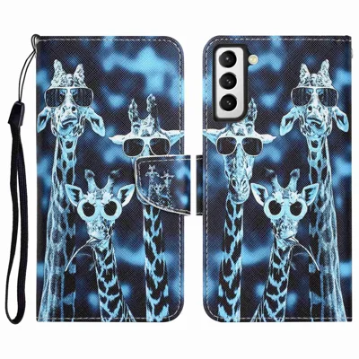 Pattern Printing PU Leather Stand Cover for Samsung Galaxy S22 5G, Cross Texture Shockproof Phone Wallet Case - Giraffe