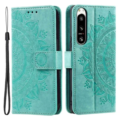 Para Sony Xperia 5 IV 5G Mandala Patrón de Flores Flok Case de Teléfono Impreso Anti-drop PU Flip Flip Willet Cover Soport - Verde