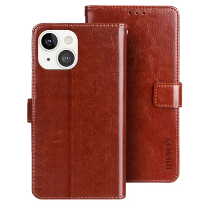IDEWEI for iPhone 14 Plus Crazy Horse Textured Phone Case Anti-drop Phone Shell PU Leather Magnetic Closure Flip Wallet Cover Stand - Brown