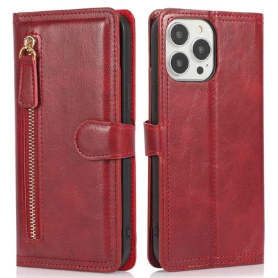 Shockproof Phone Cover For iPhone 13 Pro Max 6.7 inch, PU Leather Zipper Pocket Phone Wallet Case Stand - Red
