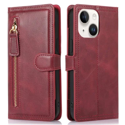 Anti-scratch Phone Case For iPhone 14, Zipper Pocket Wallet Full Protection PU Leather Phone Flip Cover Card Holder with Magnetic Buckle - Red