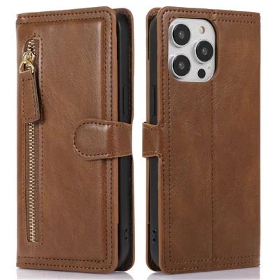 For iPhone 14 Pro Anti-scratch Zipper Pocket Phone Case Shockproof PU Leather Phone Flip Wallet Cover Stand with Magnetic Buckle - Brown