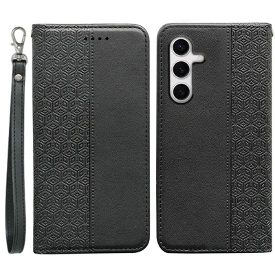 For Samsung Galaxy S24 FE Wallet Phone Case Checkered Pattern Imprint Leather Flip Cover with Wrist Strap - Black