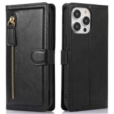 For iPhone 14 Pro Max Drop-proof Zipper Pocket Phone Flip Wallet Case with Magnetic Buckle Protective PU Leather Phone Cover Stand - Black