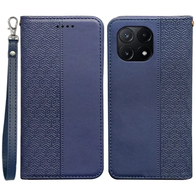 For Xiaomi Poco X6 Pro 5G / Redmi K70E 5G Wallet Phone Case Checkered Pattern Imprint Leather Flip Cover with Wrist Strap - Blue