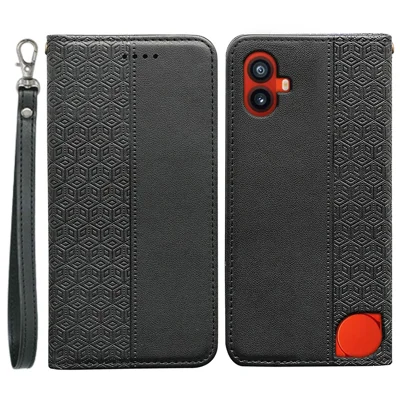 For Nothing CMF Phone 1 Wallet Phone Case Checkered Pattern Imprint Leather Flip Cover with Wrist Strap - Black