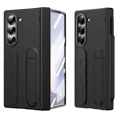 For Samsung Galaxy Z Fold6 5G Case Kickstand Wristband PC Phone Cover with Tempered Glass Film - Black