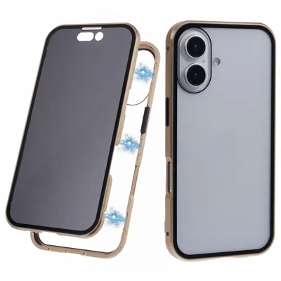 For iPhone 16 Plus Anti-Spy Case Magnetic Metal Frame + Double-Sided Tempered Glass Phone Cover - Gold