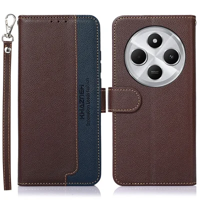 KHAZNEH For Xiaomi Poco C75 4G / Redmi 14R 5G / 17C 4G / 14C 4G Case RFID Blocking Wallet Litchi Texture PU Leather Phone Cover - Brown