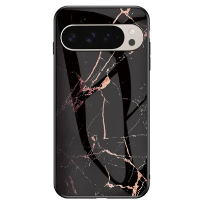 For Google Pixel 9 Pro  /  9 Case Marble Pattern Tempered Glass + PC + TPU Protective Phone Cover - Gold Black Marble