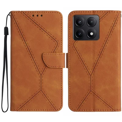 HT05 For Xiaomi 14T Pro Case Skin-Touch Lines PU Leather Flip Phone Cover - Brown
