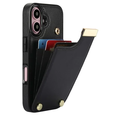 غطاء لهاتف iPhone 16 Plus مصنوع من مادة TPU وجلد PU مع إكسسوارات معدنية وحامل للبطاقات - أسود