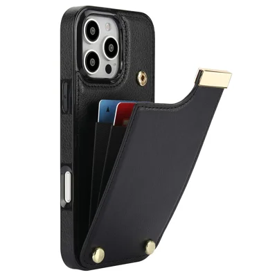 Voor iPhone 16 Pro hoesje TPU+PU leer met metalen accenten en kaarthouder - Zwart
