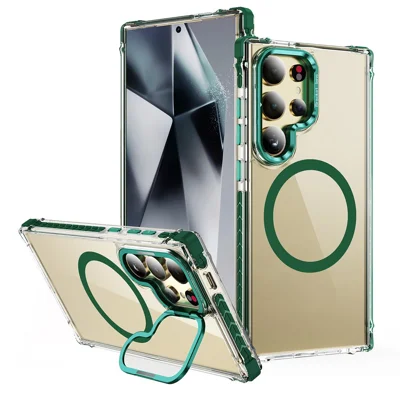 For Samsung Galaxy S23 Ultra Clear Phone Case with Lens Kickstand Cover Magnetic Case - Green