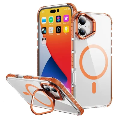 For iPhone 16 Clear Phone Case with Lens Kickstand Cover Compatible with MagSafe - Orange