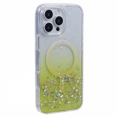 Voor iPhone 16 Pro Max hoesje compatibel met MagSafe Glitter Epoxy TPU+Acryl telefoonhoesje - Geel