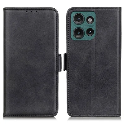 For Motorola Edge 50 5G Case Stand Cowhide Texture PU Leather Phone Cover - Black