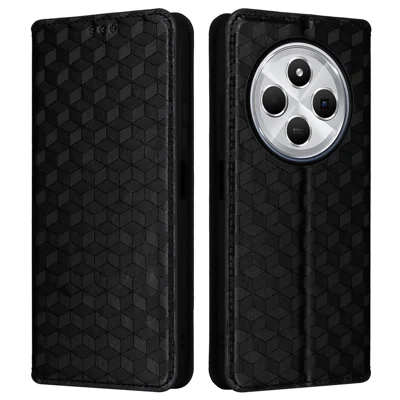 For Xiaomi Poco C75 4G / Redmi 14R 5G / 17C 4G / 14C 4G / 14C 5G / A4 5G / A3 Pro 4G Wallet Case Rhombus Imprinted Leather Phone Cover - Black