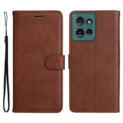For Motorola Edge 50 5G Case Solid Color Leather Mobile Cover Wallet Stand with Strap - Brown