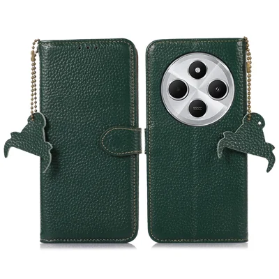 For Xiaomi Poco C75 4G / Redmi 14R 5G / 14C 4G Case RFID Blocking Litchi Texture Genuine Cow Leather Phone Cover - Green