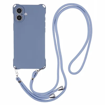 For iPhone 16 Plus Case Four Corner Anti Drop TPU Phone Cover with 150cm Hanging Rope - Blue