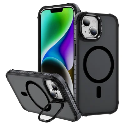 For iPhone 14 Case with Lens Kickstand Matte Back Cover Compatible with MagSafe - Black