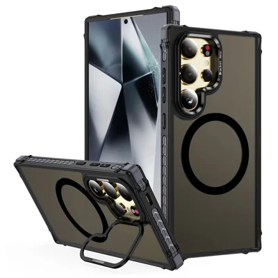 For Samsung Galaxy S23 Ultra Case with Lens Kickstand Matte Back Cover Magnetic Case - Black