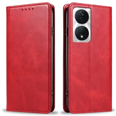 For Honor X7b 4G / 90 Smart Case Strong Magnetic PU Leather Phone Cover Calf Texture - Red