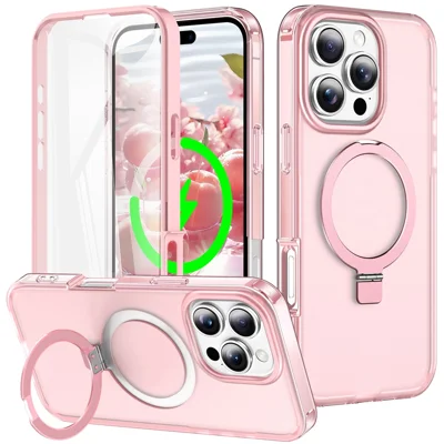 For iPhone 16 Pro Max Case Frosted TPU+PC Phone Cover with Magnetic Kickstand PET Screen Protector Compatible with MagSafe - Pink