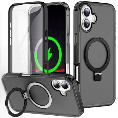 For iPhone 16 Plus Case Frosted TPU+PC Phone Cover with Magnetic Kickstand PET Screen Protector Compatible with MagSafe - Black