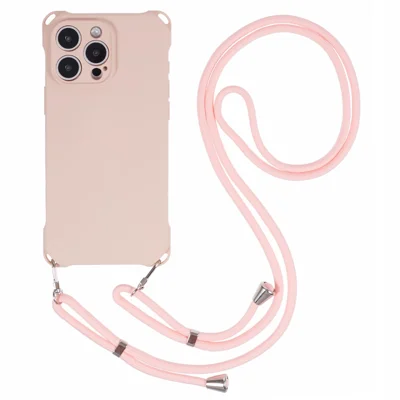 For iPhone 16 Pro Max Case Four Corner Anti Drop TPU Phone Cover with 150cm Hanging Rope - Pink